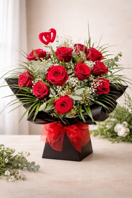 Valentine’s Dozen Luxury Red Rose Aqua Bouquet