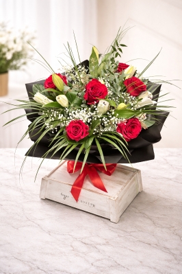 Valentine’s Lily and Red Rose Aqua Bouquet