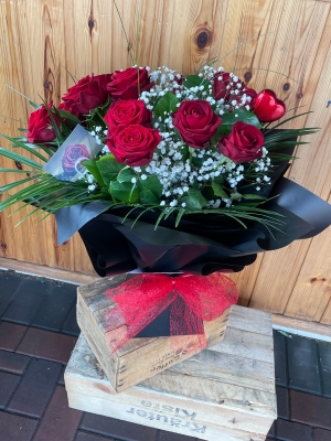 Dozen Luxury Red Rose Aqua Bouquet