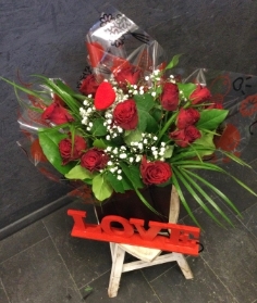 Dozen Quality Roses Aqua Gift Bag
