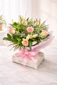 Valentine’s Pink Roses and Pink Lily Aqua Bouquet